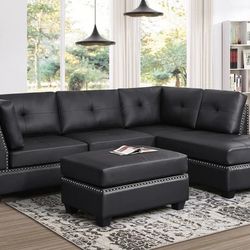 Sienna Black Faux Leather Sectional with Ottoman & Couch Sofa Options 