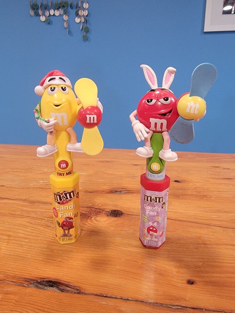 Vintage M&M Red Easter Bunny & Yellow Santa with Hand Fan ~ No Candy, Both Work