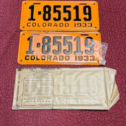 1933 Colorado License Plate Number Tag PAIR 2x Plates 1-85519 Orange Black NOS