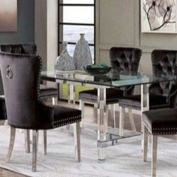 Brand New Black, Chrome, Metal & Glass Modern Style 7pc Dining Table Set