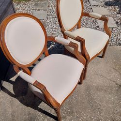 Beautiful SET of Two Boho/Modern White and Natural Wood Padded arm Accent Chairs.