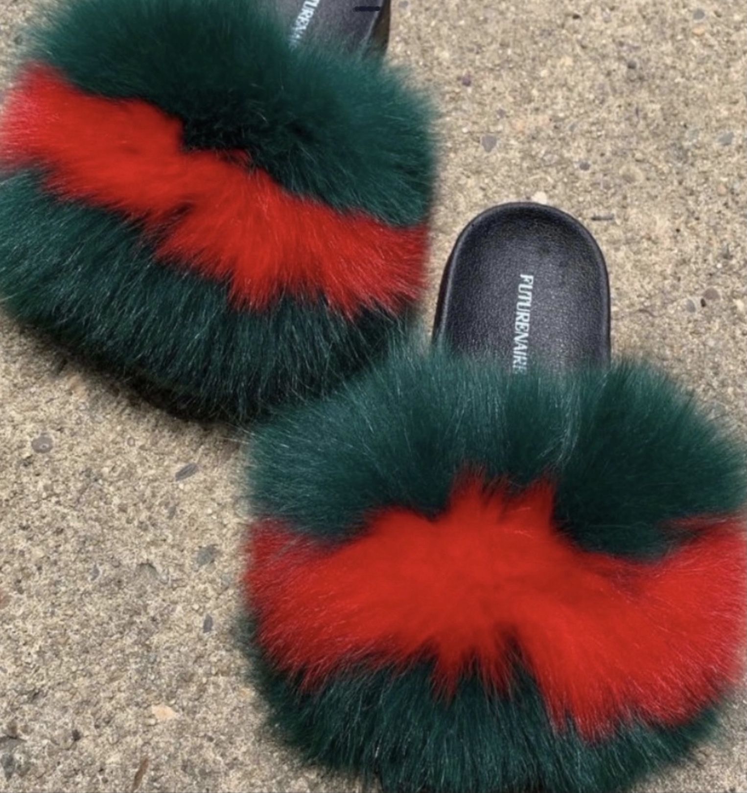 Green Red Green Real Fur Custom Slides Sizes 6.5,7,7.5 Only Message True Size & Order