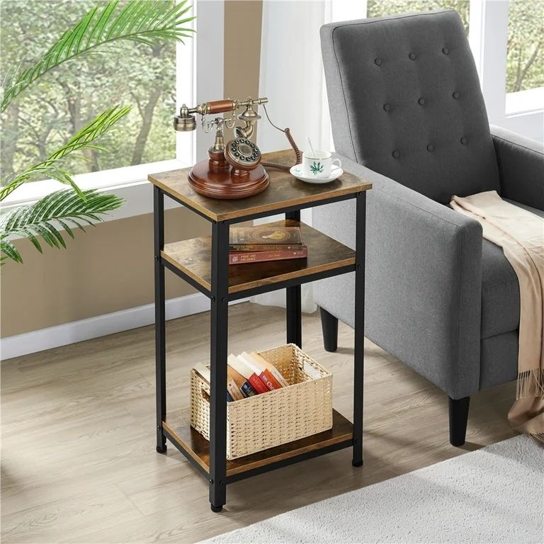 Industrial End Table with Tier Shelves for Living Room,Brown