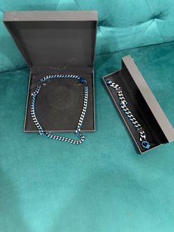 Stainless steel Blue Cuban Link Chain and Bracelet Set
