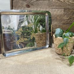 MCM Floral Silver Gold Metal Serving Tray Boho Maximalist Retro Vintage 60 70 Decor Display Mirror 