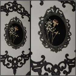 VINTAGE ORNATE BLACK VICTORIAN GOTHIC ITALIAN BRASS METAL FRAME BEVELED DRIED FLOWERS PICTURE ART PLAQUE SHADOWBOX DECOR