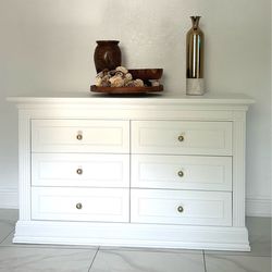 Modern White Dresser – Solid Wood, Refinished, Brass Hardware