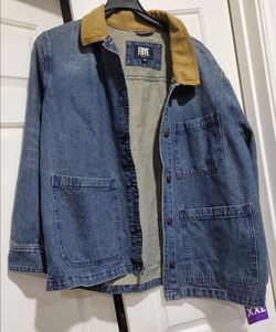 NWT XXL blue denim barn jacket from Frye tan corduroy collar & large front patch pockets buttons