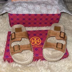 Tory Burch Two Band Suede Flat Espadrille Slides