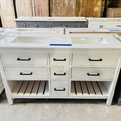 Beautiful Bathroom Vanity in Baby Blue “60” double sink, Soft Close Solid Wood, 7 drawers and modern handles with Marble Top in White  $779 