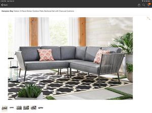 Photo Brand new in box Hampton Bay Tolston 3-Piece Wicker Outdoor Patio Sectional Set with Charcoal Cushions original price $499.00 plus tax total $537.45