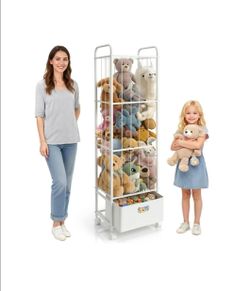 Stuffed Animal Storage, Metal Stuff Animals Zoo Holder with Fabric Drawer and Wheels Tall Vertical Plushies Toy Organizer Plush Storage Cage with Elas