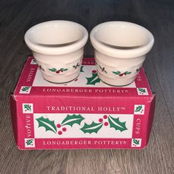 REDUCED—Longaberger Pottery Traditional Holly 2 Piece Votive Cups Set #36064 NOS 1998