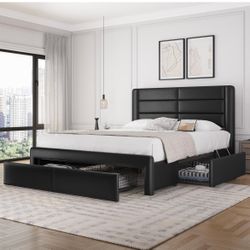 Queen Upholstered Bed Frame with Storage & Charging