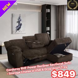 Power Recliner Sofa & Storage Chaise W USB + Drop Down Tray 