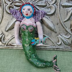 Vintage 2003 Handmade Handpainted Whimsical Folk Art Mermaid Sculptures Figurine