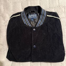 Vintage American Rag Cie Black Corduroy Varsity Bomber Jacket – Retro Striped Trim