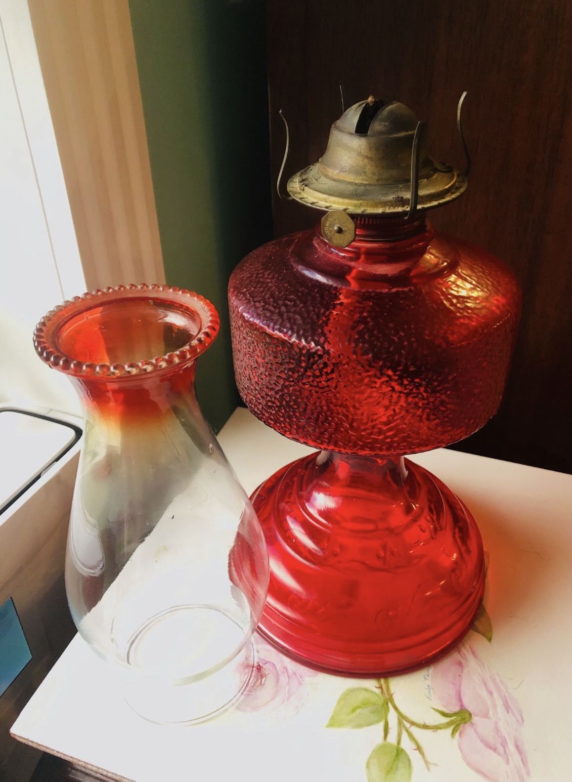 Red Glass Hurricane Oil Lamp 18.25” H x 19” Diameter Base. Item#1002