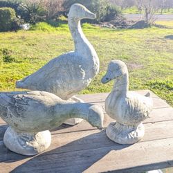 Set of 3 Rustic Concrete Goose Garden Statues - Weathered Outdoor Decor - Some Damage