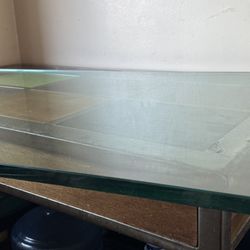 Steel table with wood inlay design and glass table top *Original price $900*