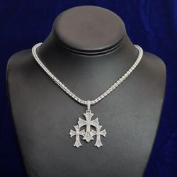 Silver Moissanite Three Cross Pendent With Chain 