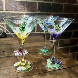 Four Hand Painted Martini Glasses 