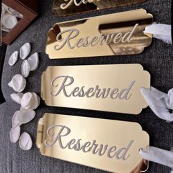 Wedding Bundle: 4 Gold Mirrored Acrylic Hanging Wedding Reserved Seating Sign & Ivory Rose Petals