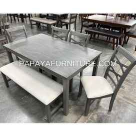 NEW 6 PIECE Dining Room Table and Chair Bench Set Gray Wood Finish Kitchen BIG Discount SALE Ashley Style Modern Contemporary Clearance Closeout DEAL