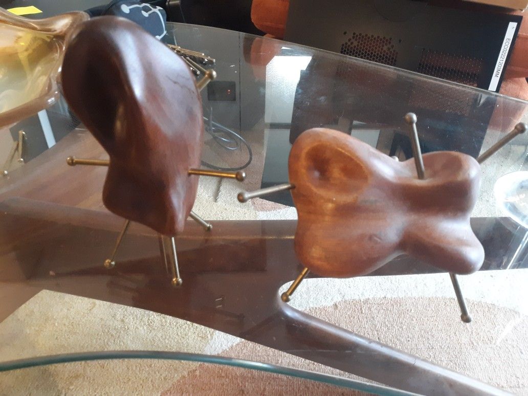 Mid Century Modern Original One Of A Kind Vintage Sculptures Biomorphic Shapes Wood And Brass Pair