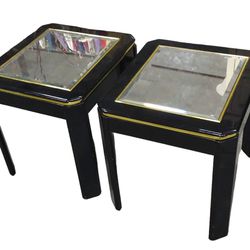 Lot Of 2 Black Wood Mirrored End Table Set With Removable Glass Insets 19 " H