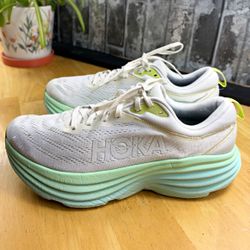 HOKA ONE ONE Bondi 8 Women’s White/Green/Yellow Lace-Up Mesh 10B 1127952
