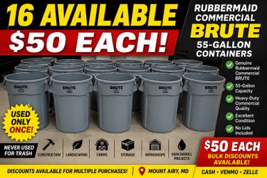 16 Rubbermaid Commercial BRUTE 55-Gallon Containers – Like Newl