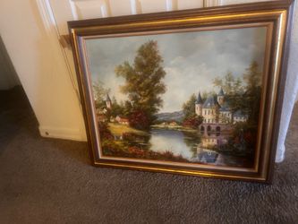 Beautiful vintage framed painting of a castle by a lake with trees and a bridge  #landscape
