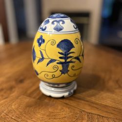 Vibrant Hand-painted Yellow and Blue Porcelain Egg Made in China