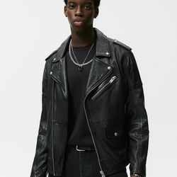 Zara 100% Sheepskin Leather Biker Jacket XL Black 5388/300/800