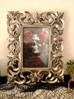 Silver ornate resin frame and skull rose picture