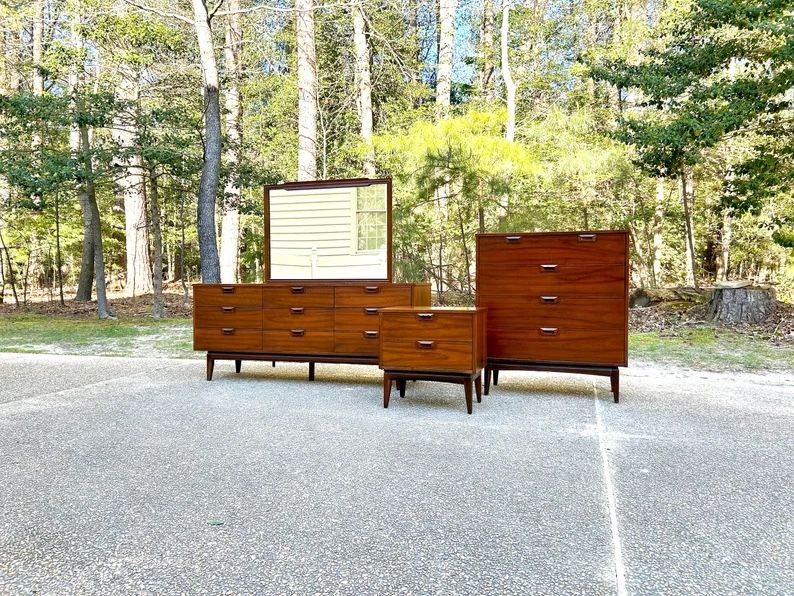 Mid Century bedroom set-low w/mirror-highboy dresser-nightstand