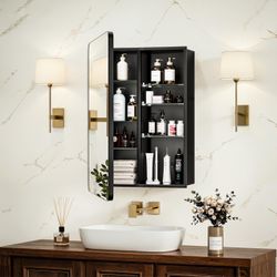 GoTiling 16x24 Black Medicine Cabinet With Mirror, Recessed & Surface Mount
