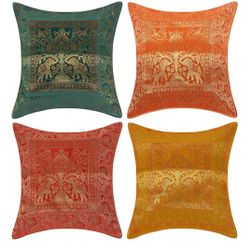 Indian Ethnic Hand Embroidery Elephant Print Decorative Silk Cushion Cover (Multi Color Elephant Set of 4, 17 x 17 Inches)


