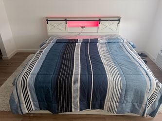White Farmhouse Bed Frame with LED Headboard