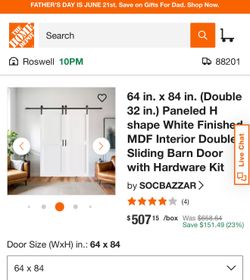 64 in. x 84 in. (Double 32 in.) Paneled H shape White Finished MDF Interior Double Sliding Barn Door with Hardware Kit