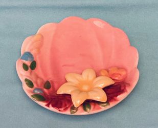 Vintage Zanesville Pottery trinket dish pink shell with yellow flower Ohio USA