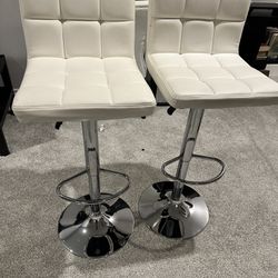 Two White Leather Bar Stools