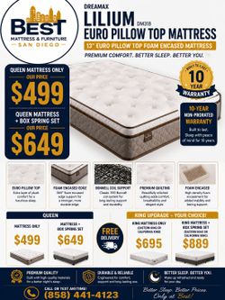 NEW Queen Euro Pillow Top Mattress $499 - Free Delivery + 10 Year Warranty