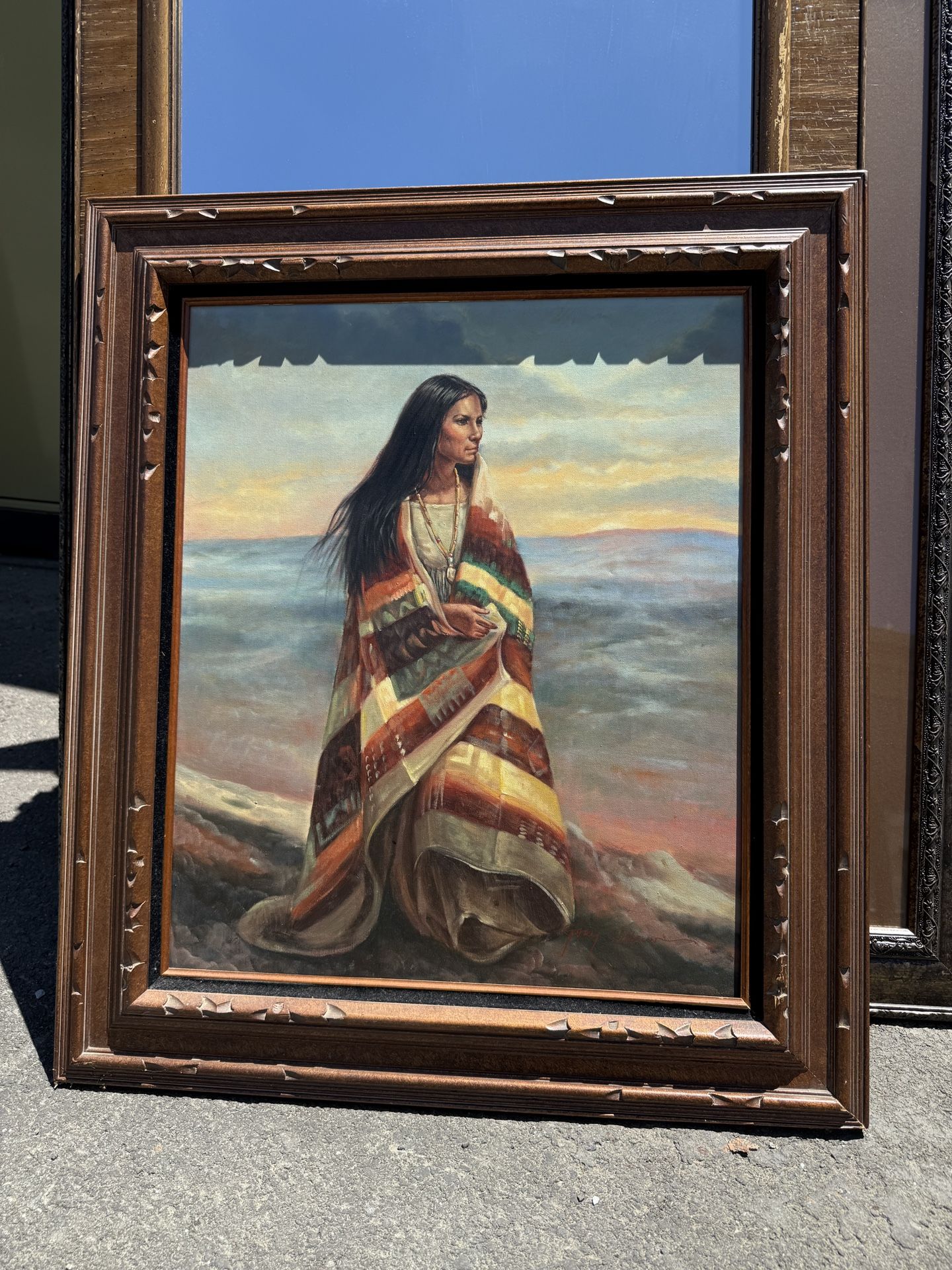 Gary Carlson Native American Woman Framed Canvas Art – 32x27.5” Southwest Western Decor