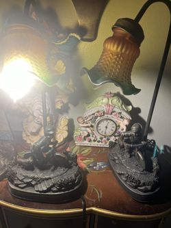 Two  Vintage Tulip Beautiful Lamps A Boy On Bicycle