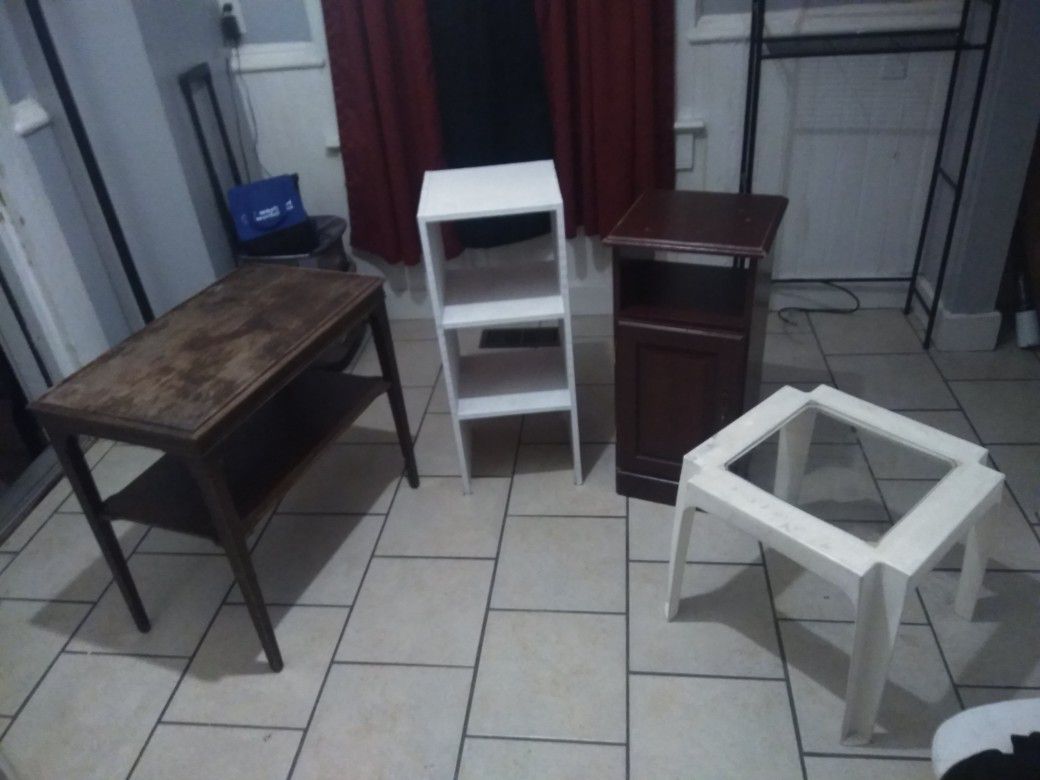 3 side or end tables, 1 coffee table, shelf, cabinet, bench, ottoman
