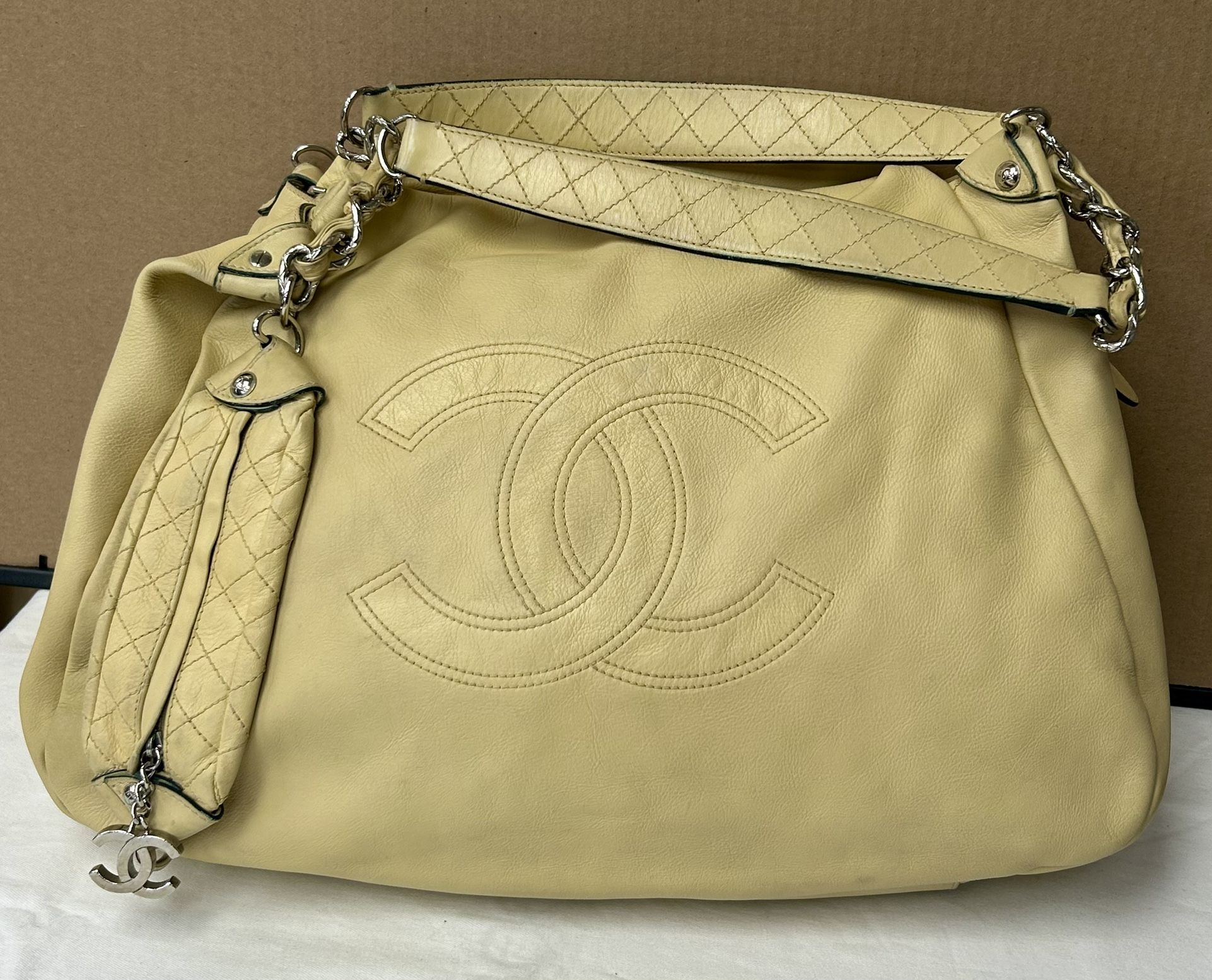 CHANEL Soft Lambskin CC Logo Chain Handle Large Hobo Shoulder Bag – Beige
