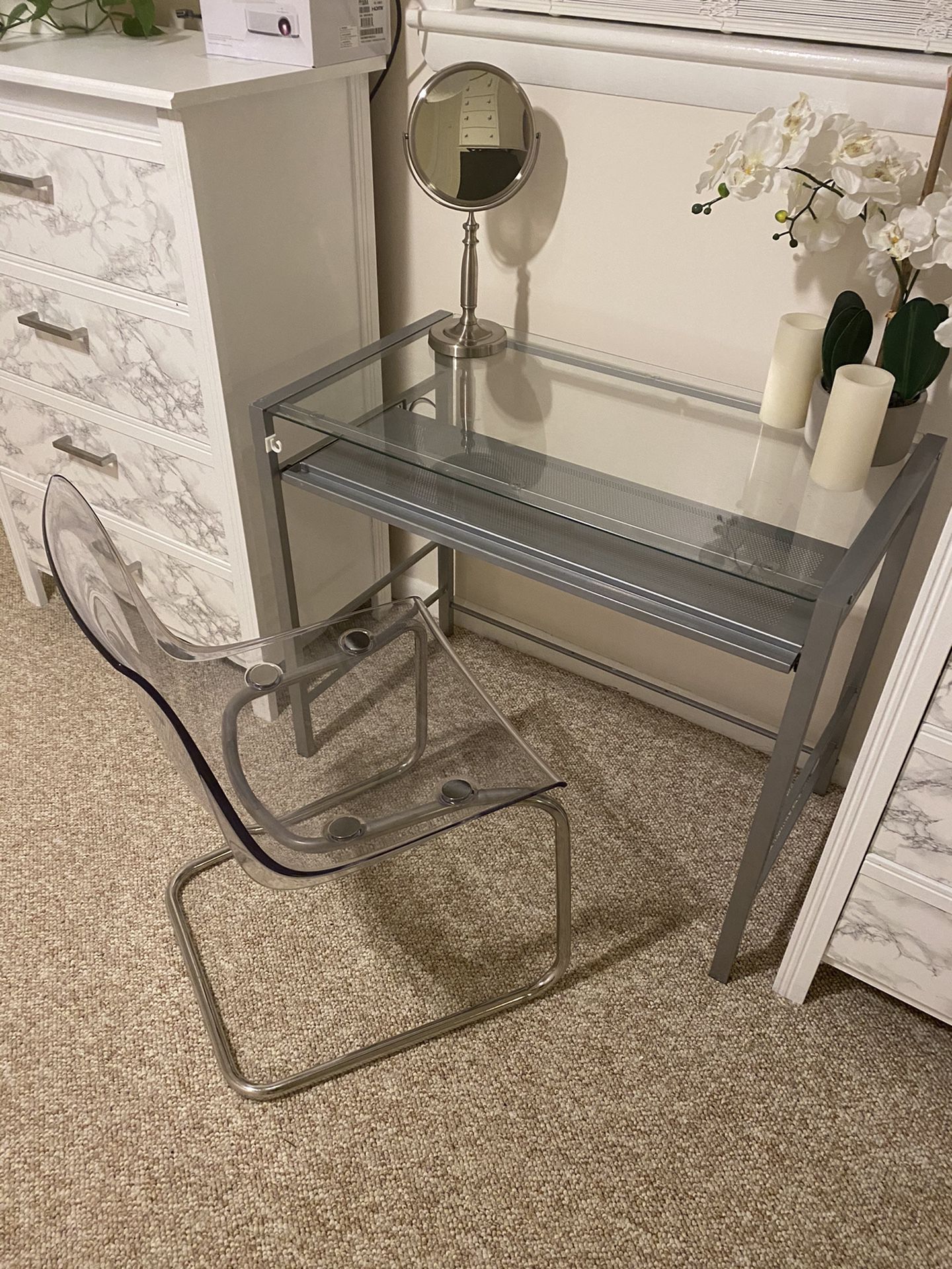 Vanity table , Clear chair, Mirror
