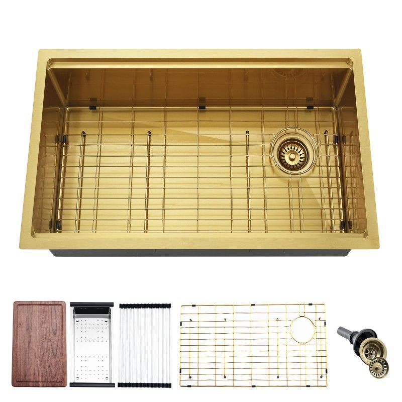 Jshozzy 30 Undermount Kitchen Sink Gold, 30 x 19 Inch Kitchen Sink Undermount Workstation Brushed Gold 16 Gauge Stainless Steel Kitchen Sink with Offs